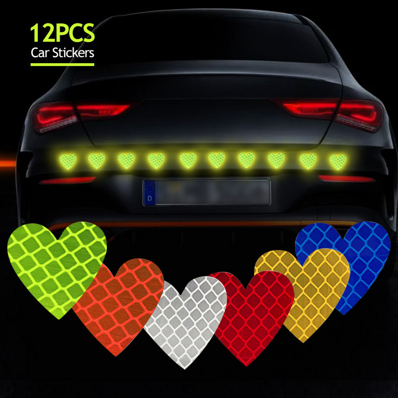 12 db Éjszakai biztonsági figyelmeztető jelzés matrica fényvisszaverő szalag szív, erősen tükröződő matricák autók külseje autós teherautó motorkerékpárokhoz