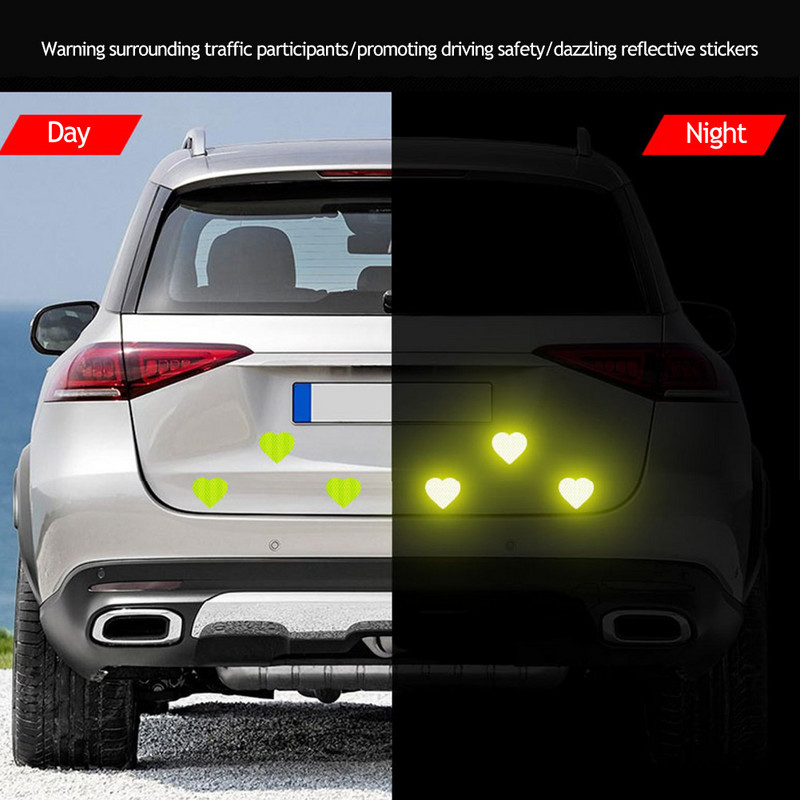 12 db Éjszakai biztonsági figyelmeztető jelzés matrica fényvisszaverő szalag szív, erősen tükröződő matricák autók külseje autós teherautó motorkerékpárokhoz