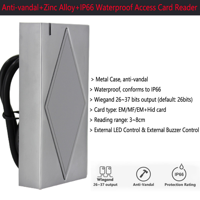IP66 veekindel metallist Rfid 125KHZ 13.56MHZ Proximity kaardilugeja koos wiegand ukse juurdepääsukontrollisüsteemi komplektiga