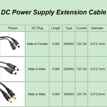 12V DC захранващ удължителен кабел, мъжки, женски щепсел, адаптер 5,5 mm x 2,1 mm 5,5 * 2,5 mm жак, удължен кабел за камера за видеонаблюдение