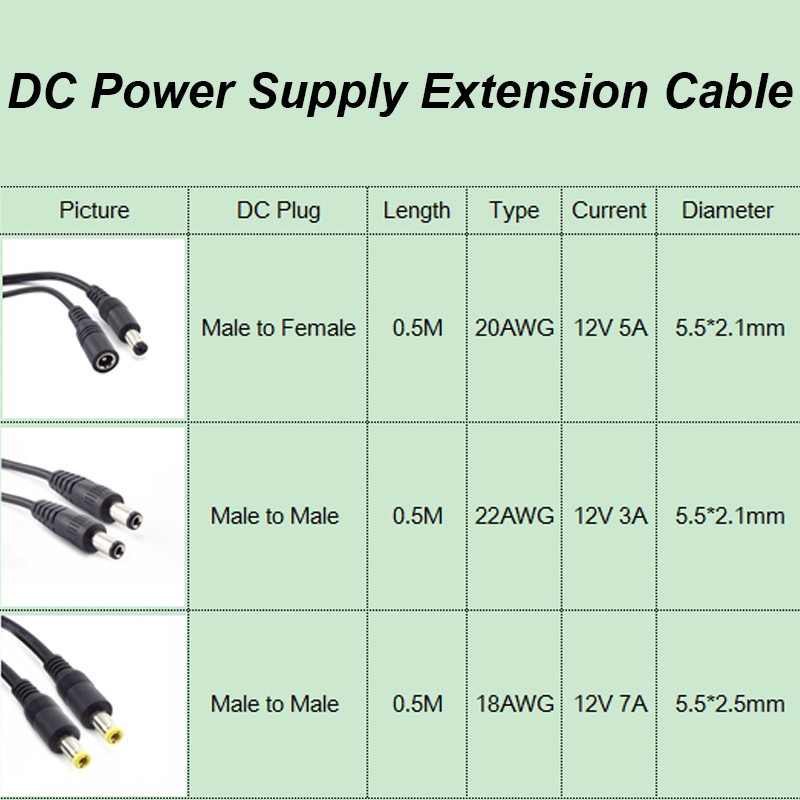 12V līdzstrāvas barošanas avota pagarinātāja kabeļa vīrišķā kontaktdakšas adapteris 5,5 mm x 2,1 mm 5,5 x 2,5 mm ligzdas pagarinātāja vada vads videonovērošanas kamerai