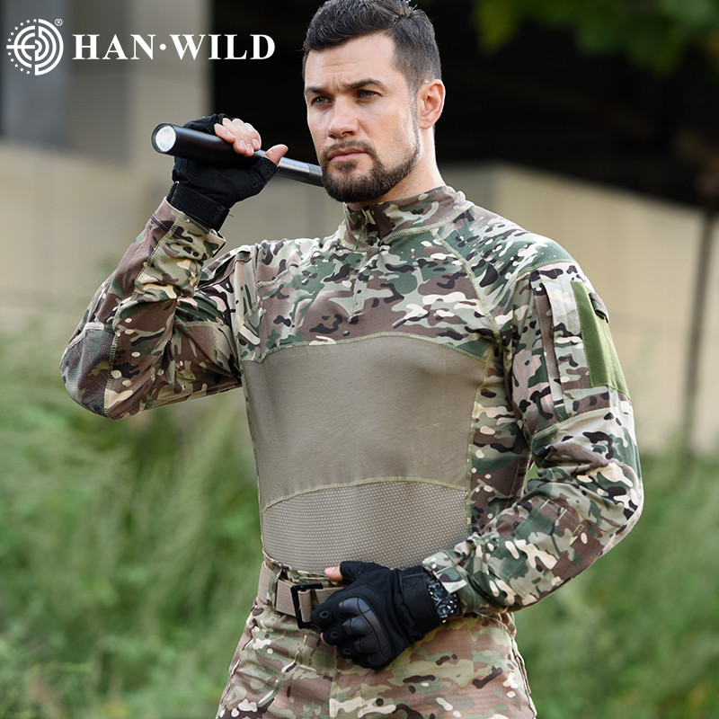 HAN WILD Tactical Combat Shirt Ανδρικό Βαμβακερό Στρατιωτικό Μπλουζάκι Καμουφλάζ Multicam Ενδύματα Στρατού των ΗΠΑ Μακρυμάνικο πουκάμισο Camo
