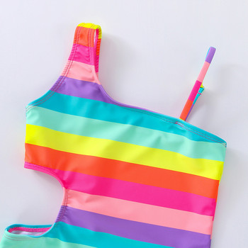 Бански костюм за момичета 2022 г. Цял бански костюм с раирани разкроени бански костюми 3-10 години Детски бански костюм с коси рамене Rainbow