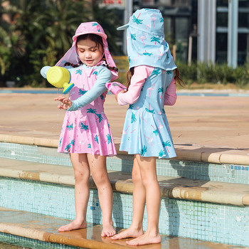 Бански костюм за малко момиченце Детски бански костюм за момичета Едно парче рокля Сладка модна слънцезащитна бански костюм с дълъг ръкав Бански костюм за момиченце