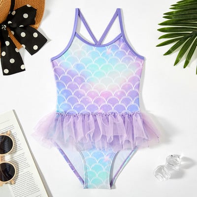 Fish Scale Toddler Baby Girls Viengabala peldkostīms Kids Tutu Bērnu peldkostīmi 2-8G Zīdaiņu peldkostīms Criss Cross pludmales apģērbs