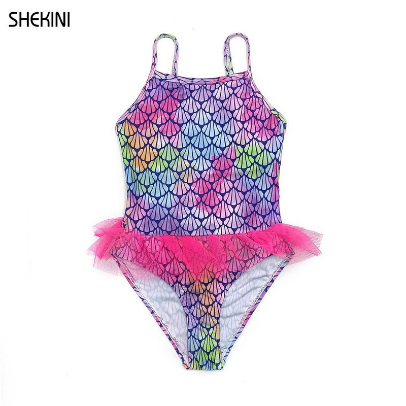 SHEKINI Gril egyrészes nyomtatású fürdőruhák tininek aranyos fodros tüll fürdőruha egyszavas gallér tizenéves lányok bikini strandruházat