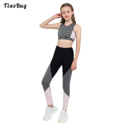 TiaoBug Summer Kids Girls Workout Running Sports Suit Round Deckline Midriff-Baring Tops+Tight Pants Йога Фитнес Анцуг