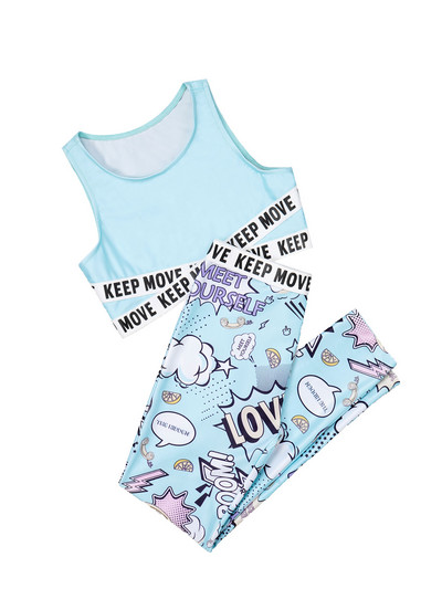 TiaoBug Vasaras 2Gb Bērnu Meiteņu Sporta Kostīms Apkakls Bez Piedurknēm Burti Drukas Apgriezt Top Karikatūra Graffiti Print Bikses Komplekts