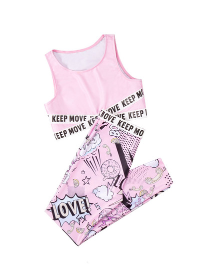 TiaoBug Vasaras 2Gb Bērnu Meiteņu Sporta Kostīms Apkakls Bez Piedurknēm Burti Drukas Apgriezt Top Karikatūra Graffiti Print Bikses Komplekts