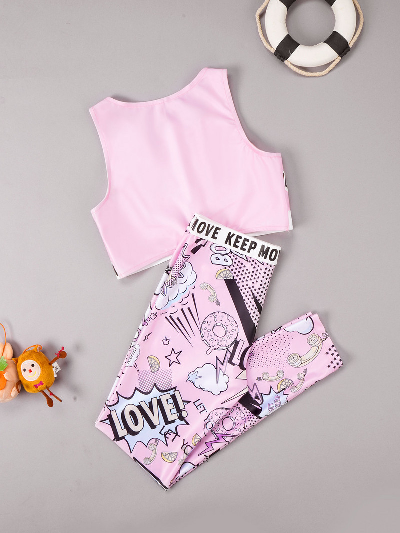 TiaoBug Vasaras 2Gb Bērnu Meiteņu Sporta Kostīms Apkakls Bez Piedurknēm Burti Drukas Apgriezt Top Karikatūra Graffiti Print Bikses Komplekts