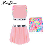 Modes Bērnu Meiteņu Sporta Top Vestes Svārki Šortu Komplekts 3Gb Sporta Apģērbs Deju Tenisa Komplekti Vingrošanas zāle Treniņiem Badmintons Āra Sporta Apģērbs