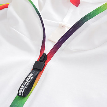2бр. Детски унисекс Момичета Момчета Летен спортен костюм Rainbow Print Stripes Суитчър с качулка и къс ръкав Комплект горнище и панталон