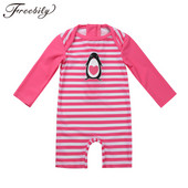 Lapsed, tüdrukud, ühes tükis pikkade varrukatega lööbekaitsed, pingviinimustriga trükitud triibuline ujumistrikoo Väikelaste ujumisriided, tüdrukute beebide ujumistrikoo