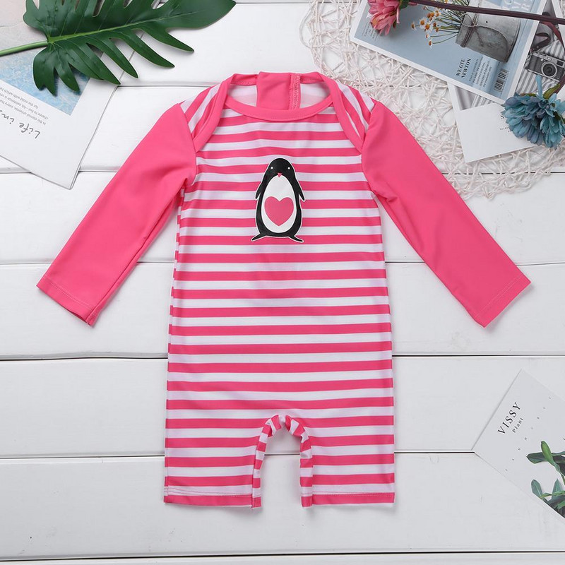 Lapsed, tüdrukud, ühes tükis pikkade varrukatega lööbekaitsed, pingviinimustriga trükitud triibuline ujumistrikoo Väikelaste ujumisriided, tüdrukute beebide ujumistrikoo