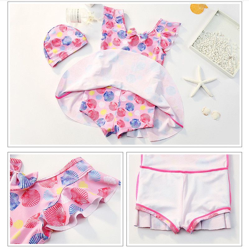Laste ujumisriided Tüdrukute ujumistrikoo ühes tükis ujumisseelik bikiinid Laste suvise rannakandmise mustriga ujumiskostüüm ujumismütsiga