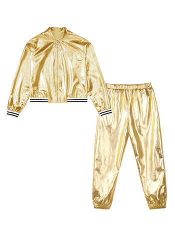 Модно детско спортно облекло за момичета в метален цвят Дрехи за тренировка Яке с дълъг ръкав с цип и панталон с висока талия Улично облекло Анцузи