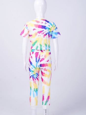 Цветни детски памучни летни костюми за момичета Анцуг за йога Tie Dye Print Дрехи за тренировки Укорочени комплект тениска и панталони Спортно ежедневно облекло