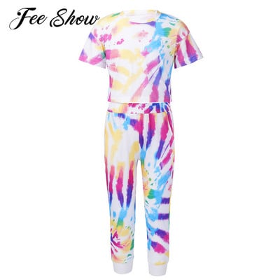 Šareno dječje pamučno ljetno odijelo za djevojčice Trenirka s tie dye printom Odjeća za vježbanje Kratka majica i komplet hlača Sportska ležerna odjeća