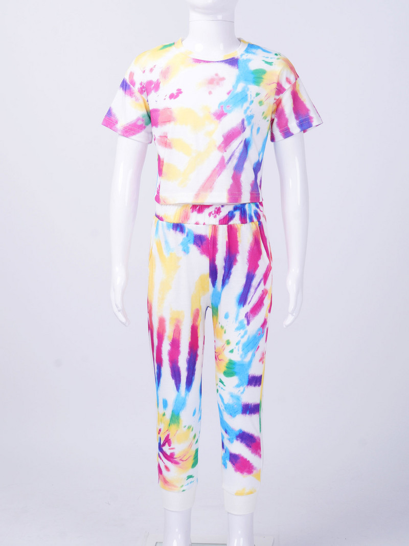 Šareno dječje pamučno ljetno odijelo za djevojčice Trenirka s tie dye printom Odjeća za vježbanje Kratka majica i komplet hlača Sportska ležerna odjeća