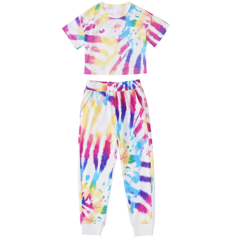 Šareno dječje pamučno ljetno odijelo za djevojčice Trenirka s tie dye printom Odjeća za vježbanje Kratka majica i komplet hlača Sportska ležerna odjeća