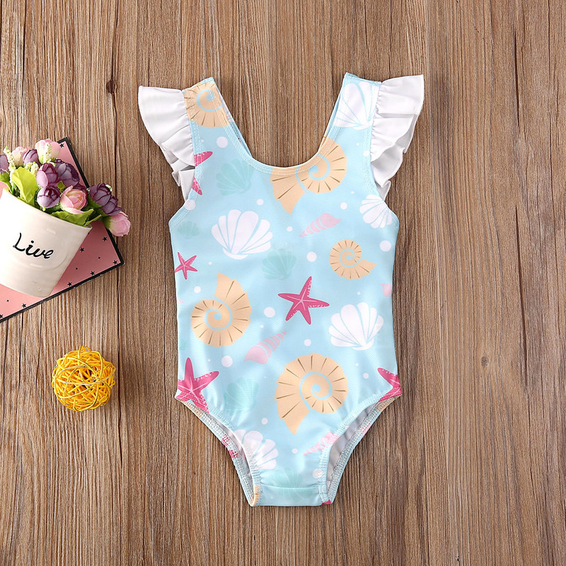 Jaunākie ieradušies Toddler Jaundzimušais Baby Girls Shell Print Peldkostīms Peldkostīms Bikini Pludmales apģērbs peldkostīms 0-3T