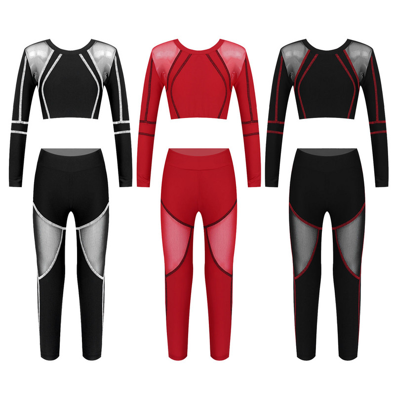 Dječja proljetna odjeća Novi stil Moda za vježbanje Yoga Running Outfit dugih rukava Patchwork Top s tajicama Sportska odjeća za djevojčice