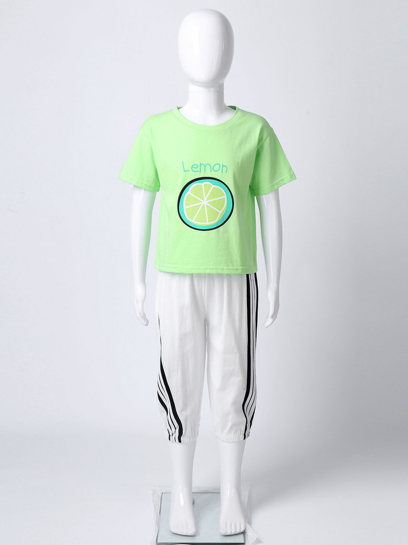 Gyerek lányok nyári ruha rövid ujjú citrommintás aranyos póló felső és oldalsó csíkos nadrág légáteresztő tréningruha nadrág 2db szett