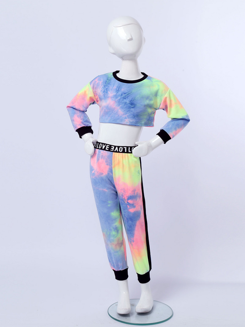 Pavasara tērpi pusaudžiem Krāsains apdrukas sporta tērps ar garām piedurknēm apgriezts tops + bikšu komplekts bērniem skriešanas treniņtērps treniņu apģērbs