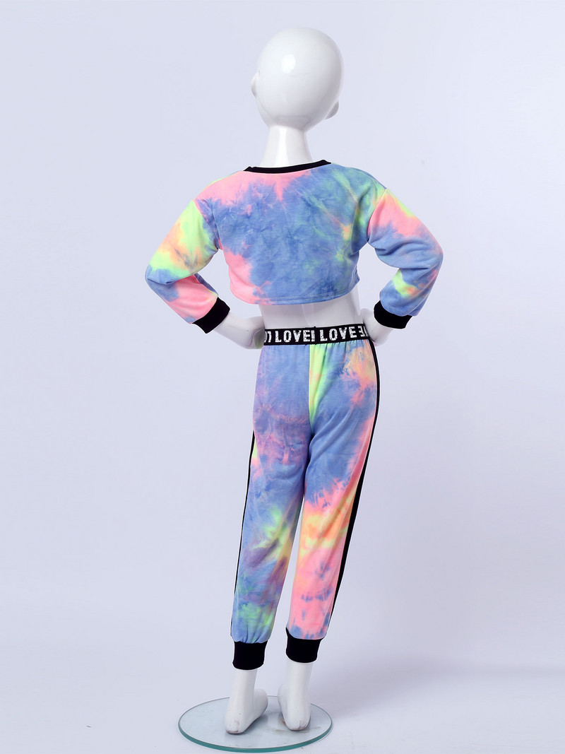 Pavasara tērpi pusaudžiem Krāsains apdrukas sporta tērps ar garām piedurknēm apgriezts tops + bikšu komplekts bērniem skriešanas treniņtērps treniņu apģērbs