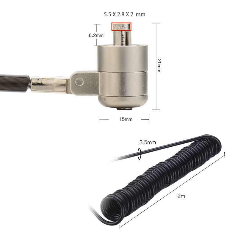 7 * 4 mm-es zárfurat univerzális bővíthető rugós kötél acél kábel kulcsos számítógépzár
