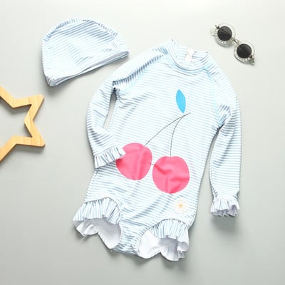 1-8a väikelaste beebitüdrukute ujumistrikoo Kirsiga trükitud tüdrukute ujumisriided ühes tükis Laste ujumisriided koos mütsiga Kvaliteetsed laste rannariided