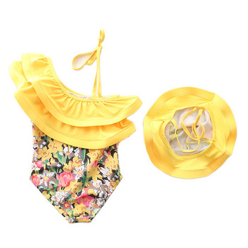 1~7Y Плувен костюм за момичета Детски бански костюм с волани Плувен костюм за момичета от една част Плажно облекло с шапка-SW442