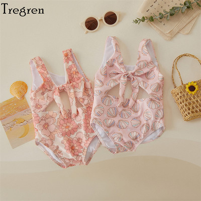 Tregren Toddler Baby Girls Swimwear Summer Sleeveless Floral/Shell Print Hollow Bathing Suit Swimming Pool Hot Spring Swimsuit