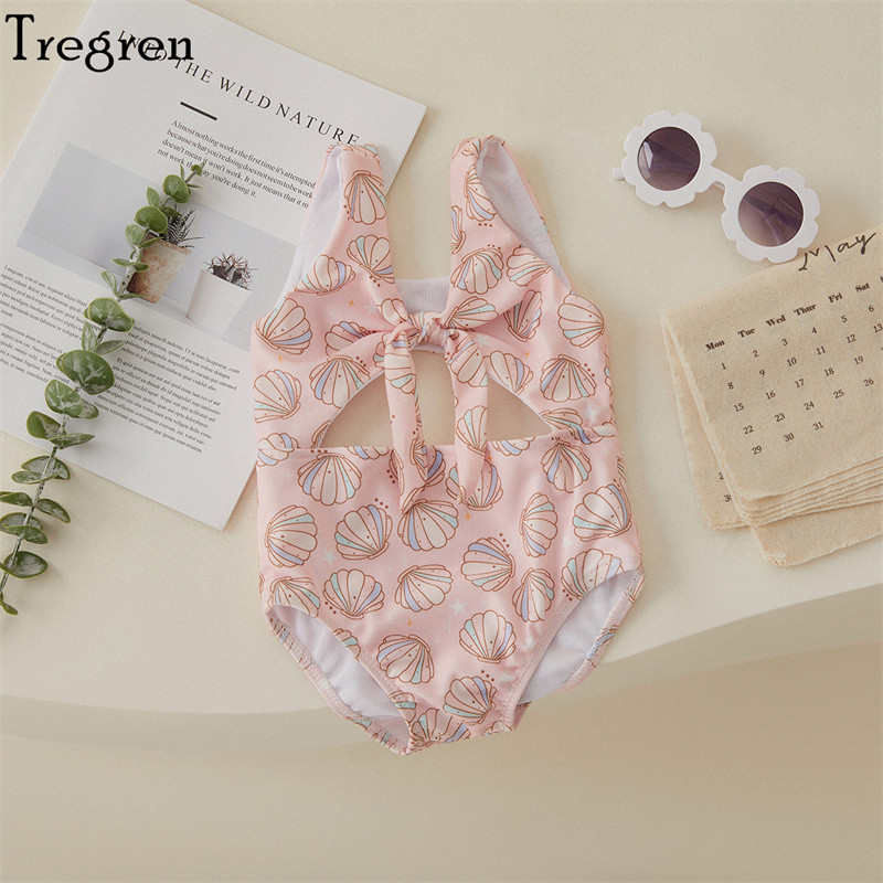 Tregren Toddler Baby Girls Peldkostīmi Vasaras Bezpiedurknēm Ziedu/Shell Print Dobs Peldkostīms Peldbaseins Hot Spring Peldkostīms