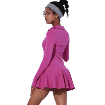 Ολόσωμη φούστα τένις γυμνό αθλητικό κοντό φόρεμα Yoga Fitness Φορέστε ψηλό γιακά με μακρυμάνικο