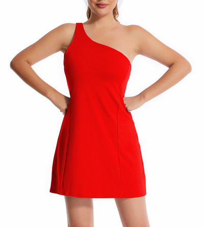 Egy vállú teniszruha nőknek, sportoló golfruha beépített melltartóval, rövidnadrág zsebekkel