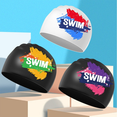 Удебелена шапка за плуване Personality Letter Еластична силиконова водоустойчива дълга коса Ears Protect Personality Шапка за плуване за жени и момичета