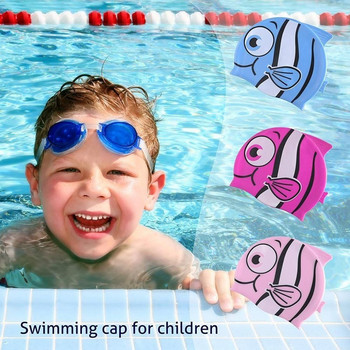 Χαριτωμένο σκουφάκι κολύμβησης κινουμένων σχεδίων για παιδιά Παιδικό αδιάβροχο ελαστικό καπέλο σιλικόνης πισίνας Καπέλα μπάνιου Ear Protect καταδυτικό καπέλο για παιδιά