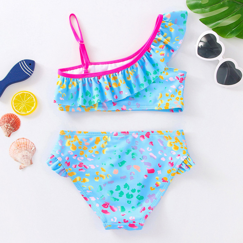 2022. g. meiteņu peldkostīms, divdaļīgs slīpi plecu peldkostīms bērniem 3–12 gadi, volānu peldkostīms meitenēm