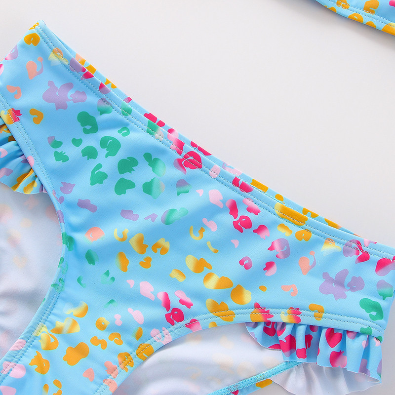 2022. g. meiteņu peldkostīms, divdaļīgs slīpi plecu peldkostīms bērniem 3–12 gadi, volānu peldkostīms meitenēm