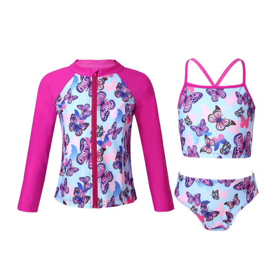 3Gb Bērnu meiteņu modes apdrukas peldkostīmu siksnas Topi bez piedurknēm ar biksēm un garām piedurknēm priekšpusē ar rāvējslēdzēju aizverams mēteļa komplekts