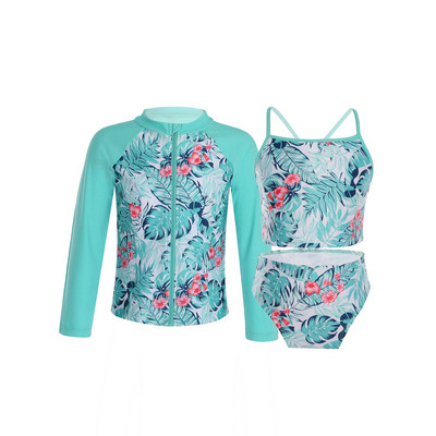 3Gb Bērnu meiteņu modes apdrukas peldkostīmu siksnas Topi bez piedurknēm ar biksēm un garām piedurknēm priekšpusē ar rāvējslēdzēju aizverams mēteļa komplekts