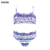 SHEKINI Lányos fürdőruha Leopárdmintás Bandeau Teenage Girls Bikini Szett Vintage Fringe kétrészes fürdőruha Tini Beach fürdőruha