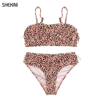 SHEKINI Μαγιό για κορίτσια Leopard Print Bandeau Teenage Girls Σετ μπικίνι Vintage Fringe Two Piece Μαγιό Εφηβικό Μαγιό παραλίας