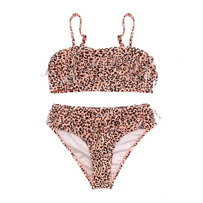 SHEKINI Lányos fürdőruha Leopárdmintás Bandeau Teenage Girls Bikini Szett Vintage Fringe kétrészes fürdőruha Tini Beach fürdőruha