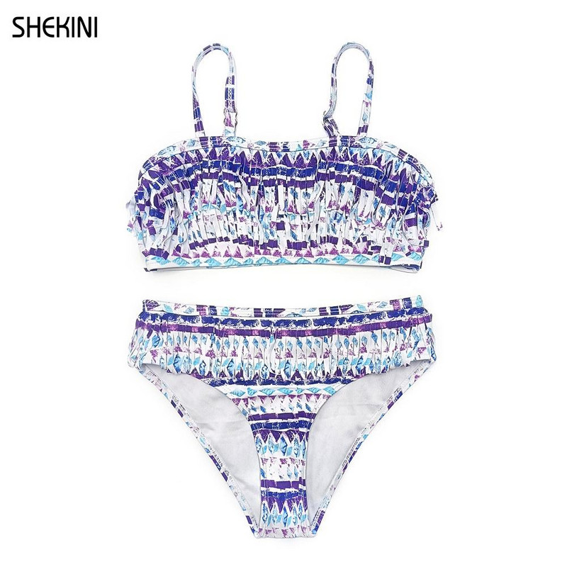 SHEKINI Lányos fürdőruha Leopárdmintás Bandeau Teenage Girls Bikini Szett Vintage Fringe kétrészes fürdőruha Tini Beach fürdőruha