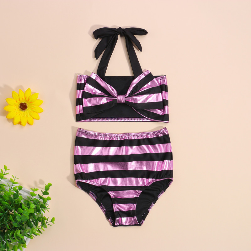 2021. gada jauni Yiiciovy bērnu meiteņu bikini komplekti + šorti ar augstu vidukli ar bantītes rotājumu, svītrainām apdruku vasaras peldēšanas apģērbu komplekts