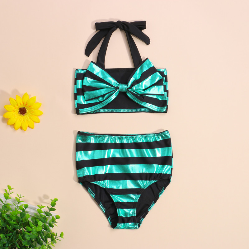 2021. gada jauni Yiiciovy bērnu meiteņu bikini komplekti + šorti ar augstu vidukli ar bantītes rotājumu, svītrainām apdruku vasaras peldēšanas apģērbu komplekts