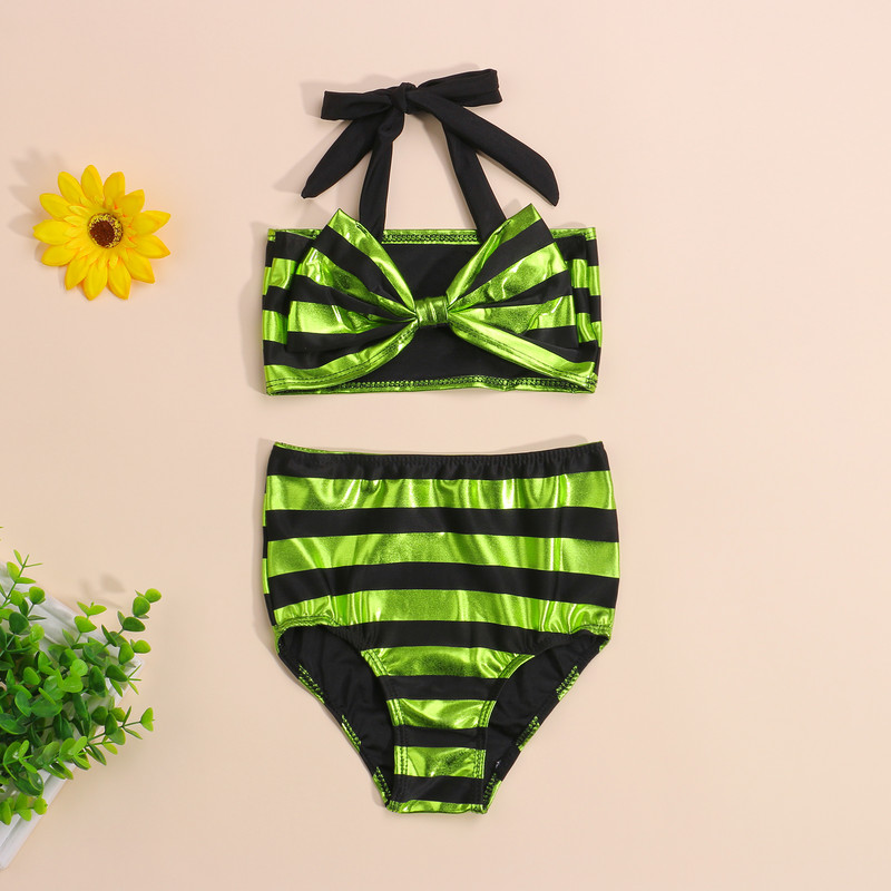 2021. gada jauni Yiiciovy bērnu meiteņu bikini komplekti + šorti ar augstu vidukli ar bantītes rotājumu, svītrainām apdruku vasaras peldēšanas apģērbu komplekts