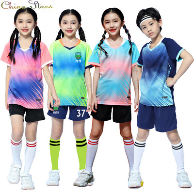 Детски футболни спортни комплекти + чорапи, костюми за футболни фланелки за момичета, тренировъчни униформи за футболни отбори на студенти, футболно облекло за момчета